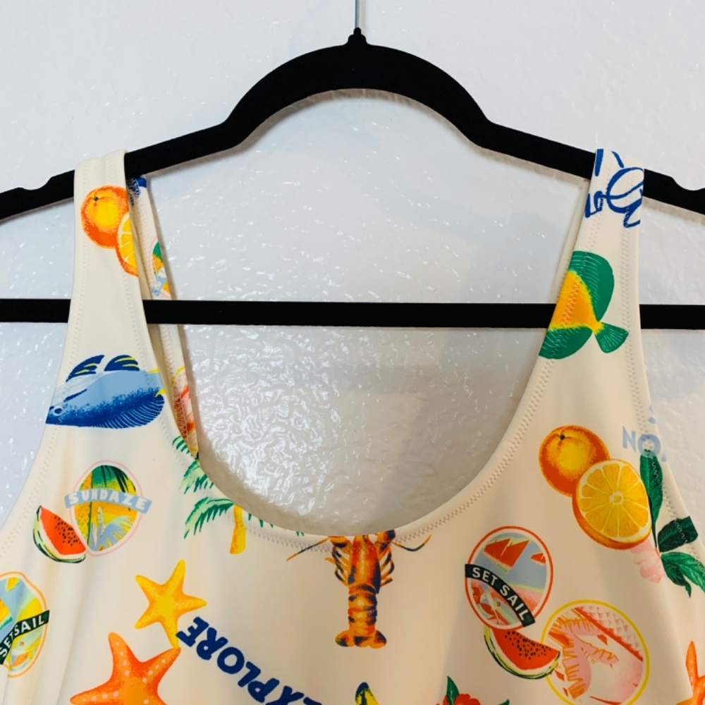 Old Navy One Piece Swimsuit Womens Large White Tropical Fish Food Novelty Print - Picture 2 of 15